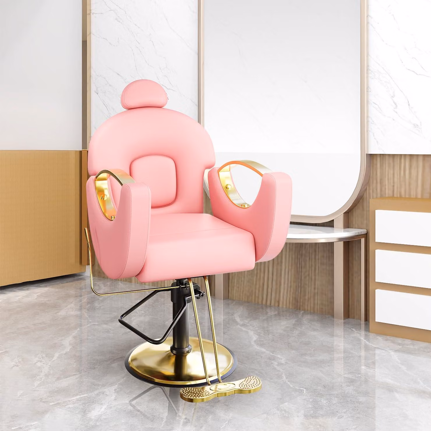 Poltrona da parrucchiere idraulica, regolabile - Rosa - Rivestita in ecopelle - Con poggiatesta - Arredamento per saloni di bellezza