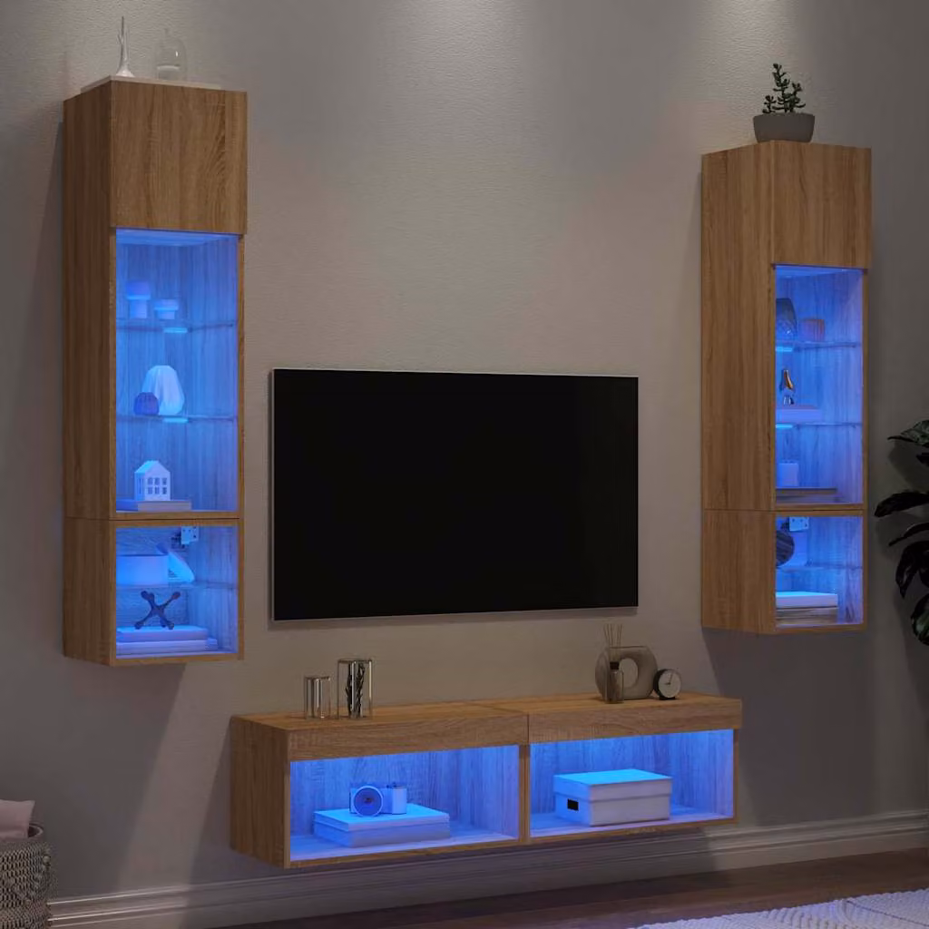 Mobile TV da parete vidaXL con illuminazione LED integrata, 6 pezzi, Rovere Sonoma, Marrone – 1