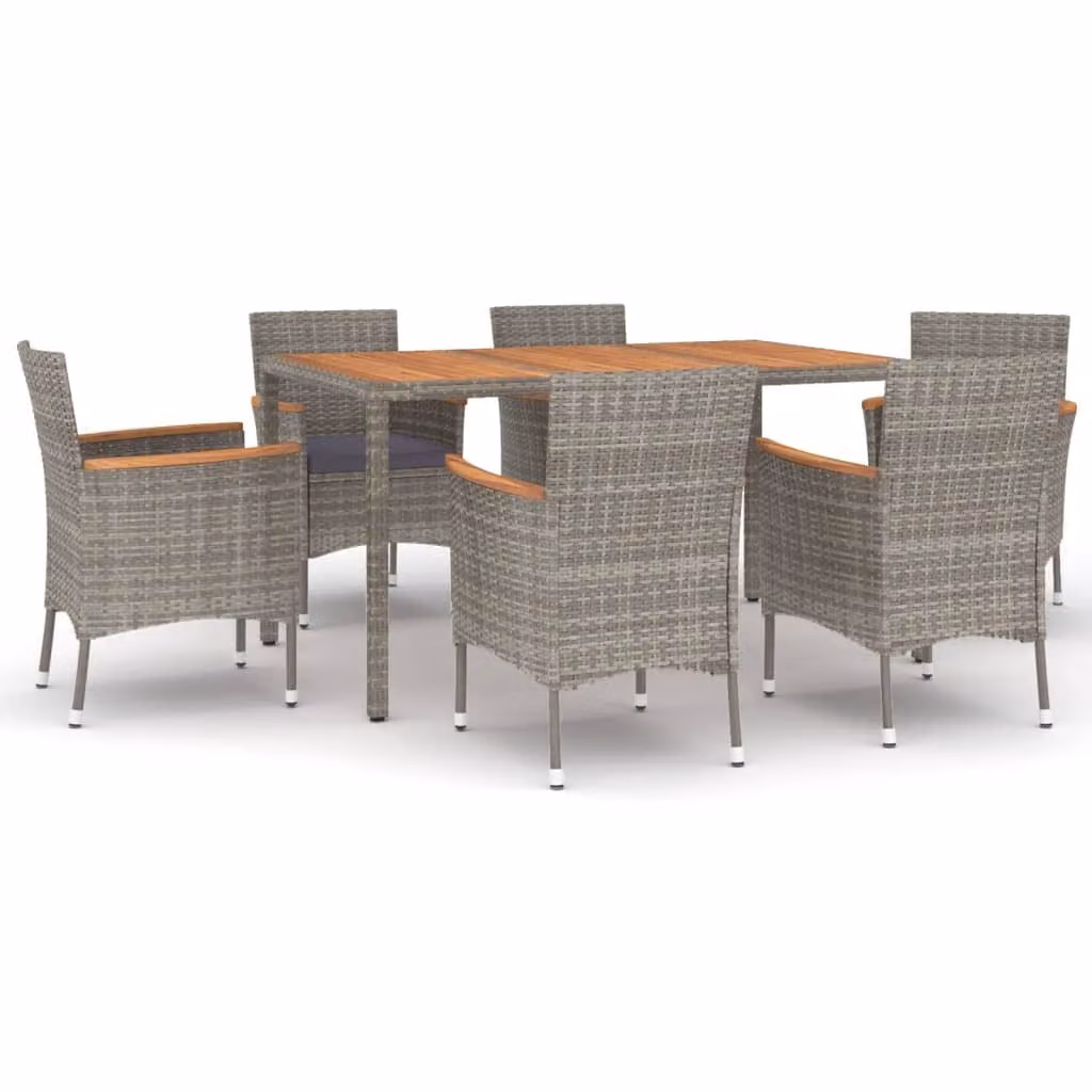 Set da Pranzo da Giardino 7 pz con Cuscini in Polyrattan Grigio