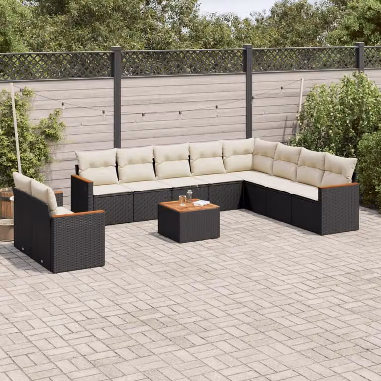 vidaXL Set Divani da Giardino 11 pz in Polyrattan Nero con Cuscini e Tavolino da Esterno