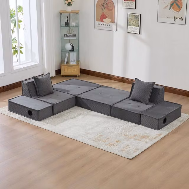Divano pouf 162x78x66 cm modulare con tasche laterali in velluto a coste grigio scuro