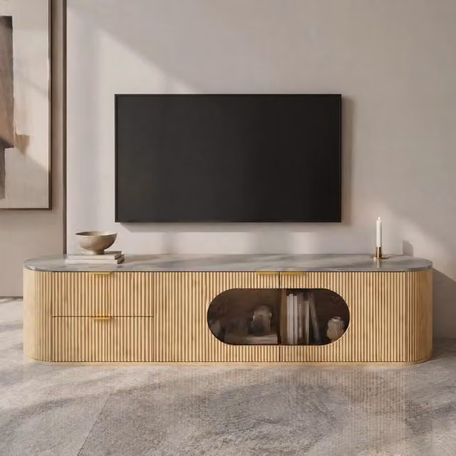 Mobile porta TV in MDF con ante a righe 3D; vetrina ovale in vetro grigio; 172 cm; naturale