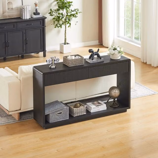 Consolle Mivray per ingresso e soggiorno con due cassetti e vano aperto, nera, L: 150 cm, P: 35 cm, H: 85 cm – 1
