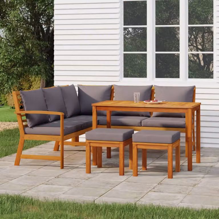 Set da pranzo da giardino vidaXL in legno di acacia con 6 cuscini, colore marrone e grigio, L/P/H: 110 x 60,5 x 81 cm