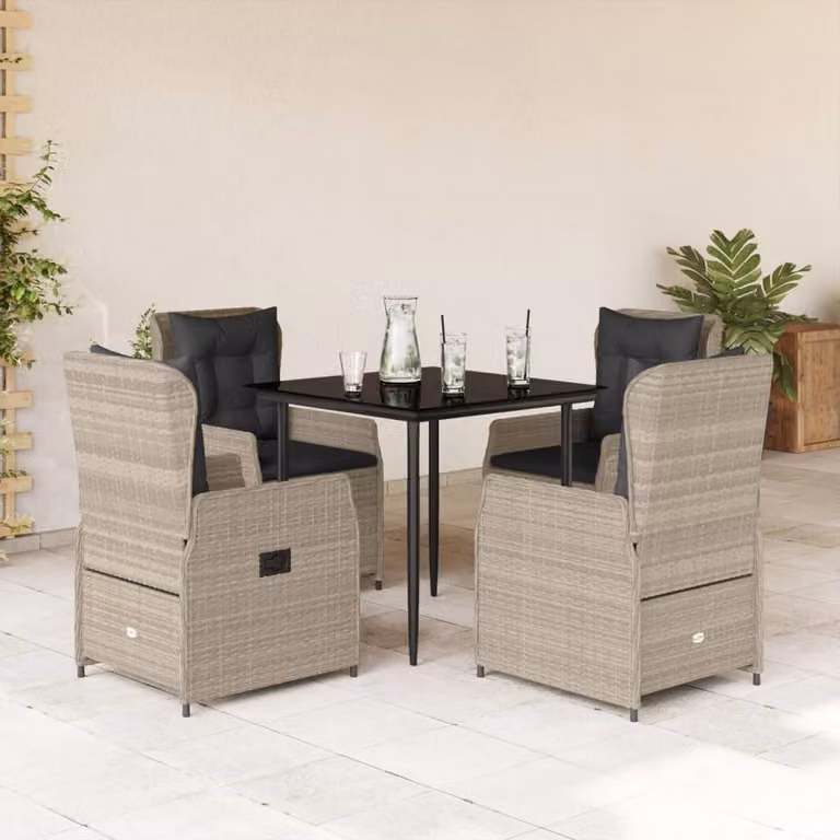 Set Pranzo da Giardino vidaXL in Polyrattan con Piano in Vetro e Cuscini, 5 Pezzi, Grigio e Nero