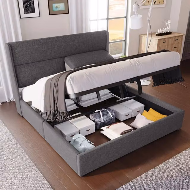 LETTO Contenitore 160x200 cm Grigio in Lino e Metallo con testiera regolabile