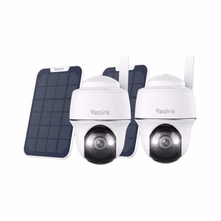 Reolink Go PT Plus+Pannello solare, telecamera di sicurezza a batteria 2K+ 5MP 4G LTE, panoramica e inclinabile, senza WiFi, slot per scheda SIM, scheda SD da 32 GB, 2 pack