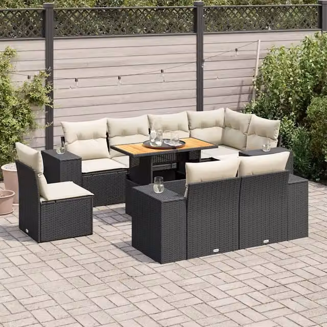Set Divani da Giardino 9 pz con Cuscini Nero in Polyrattan 3327388