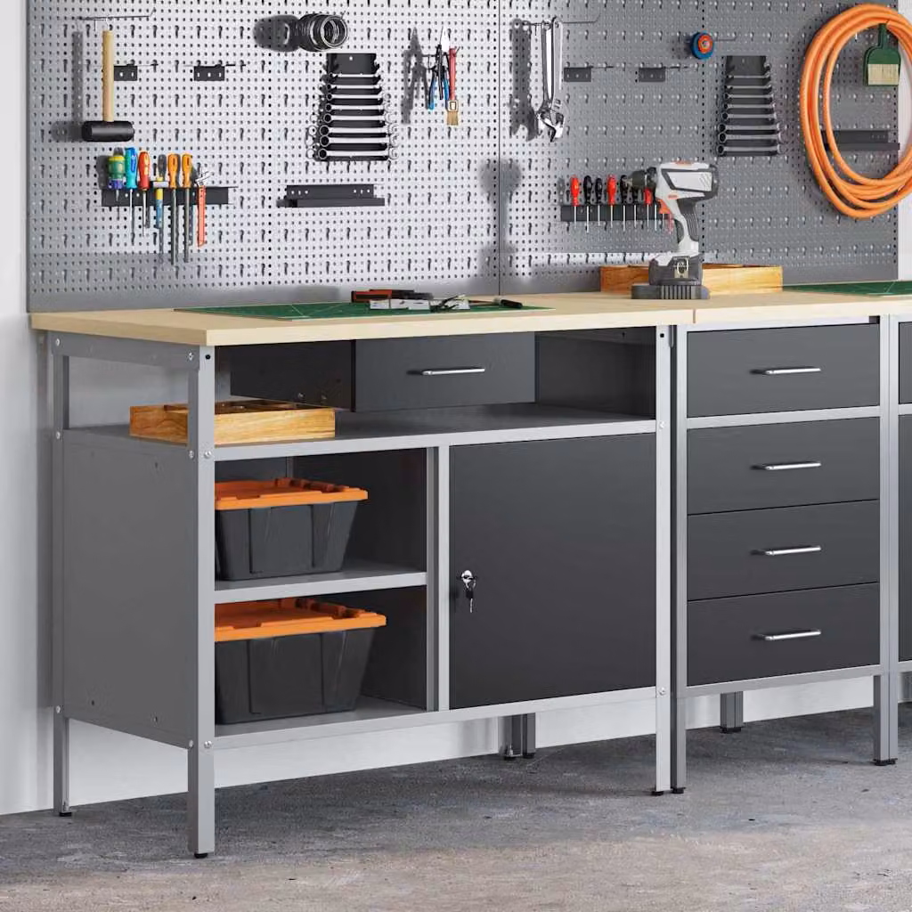 vidaXL Banco da lavoro con cassetto in acciaio e legno, Nero e Grigio, L 100 x P 55 x H 85 cm