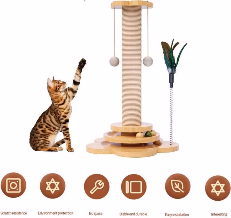 Giocattolo per gatti in legno massello, giradischi per gatti, palline divertenti da tirare, tiragraffi in sisal resistente, articoli per gatti, altezza 46 cm