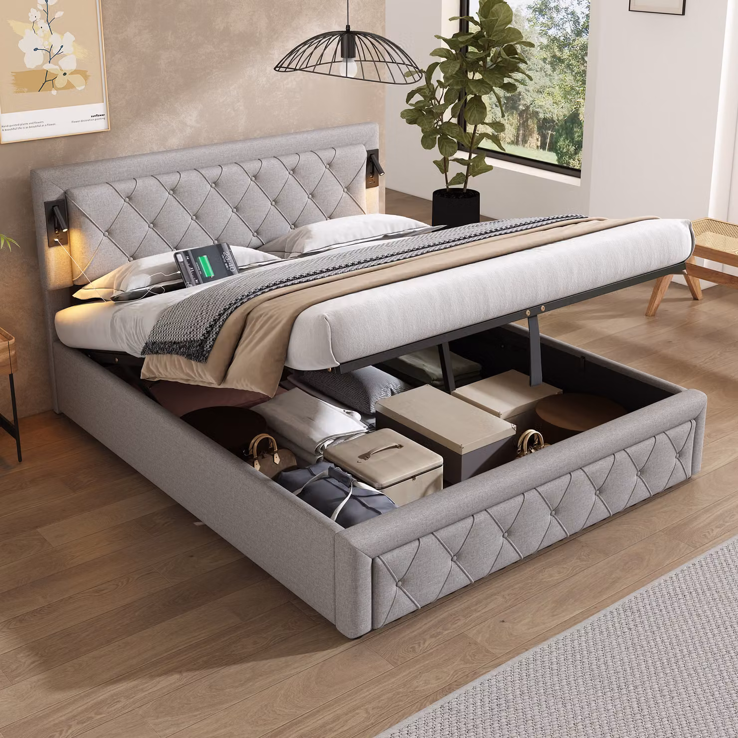 Letto imbottito idraulico Flieks 160x200cm con USB e Type-C, letto a molle insacchettate letto matrimoniale con luce, letto contenitore letto in legno letto per ragazzi, biancheria, grigio