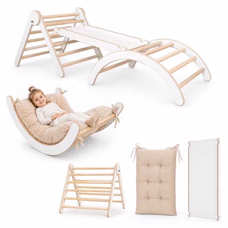 MAMOI® struttura per arrampicata triangolo interno 4 in 1 SET. Arco di arrampicata Montessori con tappetini, parco giochi indoor 1-3 anni e scivolo per bambini.