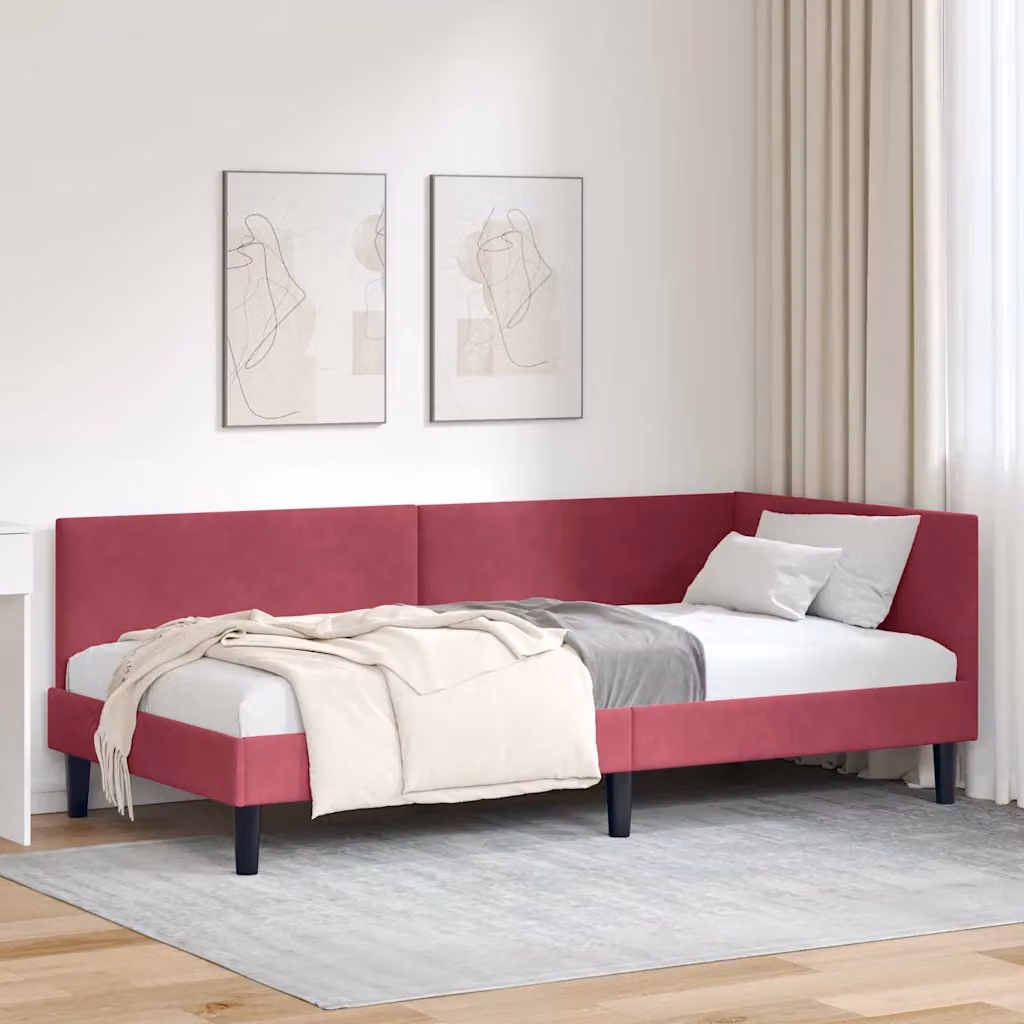 Cornice del letto ad angolo vidaXL in velluto rosso con struttura in legno e doghe fisse L: 200 cm, P: 80 cm, H: 140 cm
