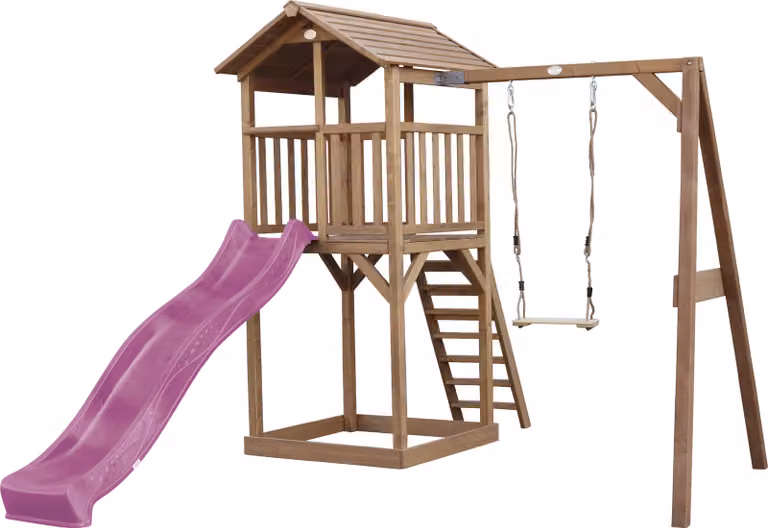AXI Beach Tower parco giochi in legno in marrone | Torre di gioco per bambini con sabbiera, altalena e scivolo viola | Casa per bambini su palafitte per il giardino