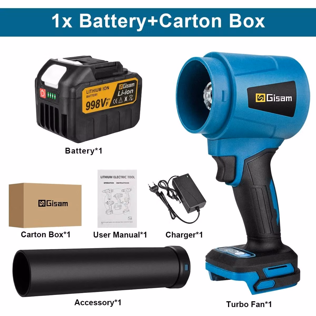 Ventilatore turbo elettrico - Ventilatore manuale, soffiatore per foglie, soffiatore per polvere - 300.000 giri al minuto, velocità dell'aria di 400 m/s, batteria da 21V, senza spazzole, alta pressione - Set con 1 batteria