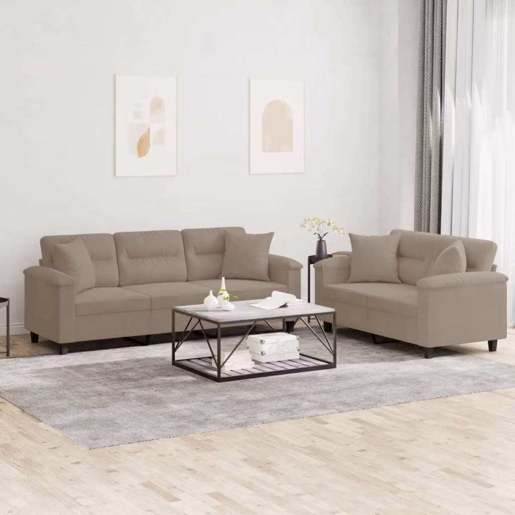 Set di 2 divani vidaXL in tessuto microfibra con cuscini, colore beige/grigio – 1