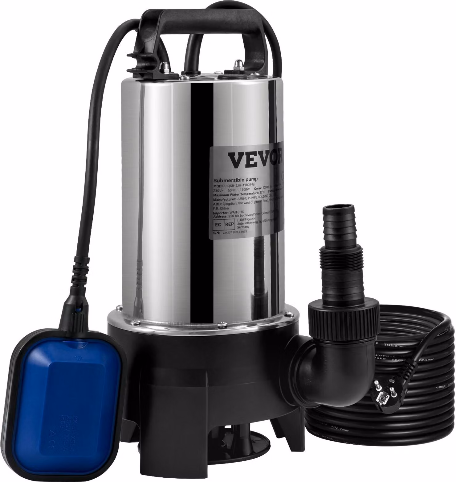 Pompa sommergibile 1100W Pompa per acque sporche 230V Pompa da giardino Portata 333,3L/min Pompa sommergibile per acque sporche IPX8 certificata CE Uscita tagliabile a misura per il pompaggio di acqua da piscine e laghetti