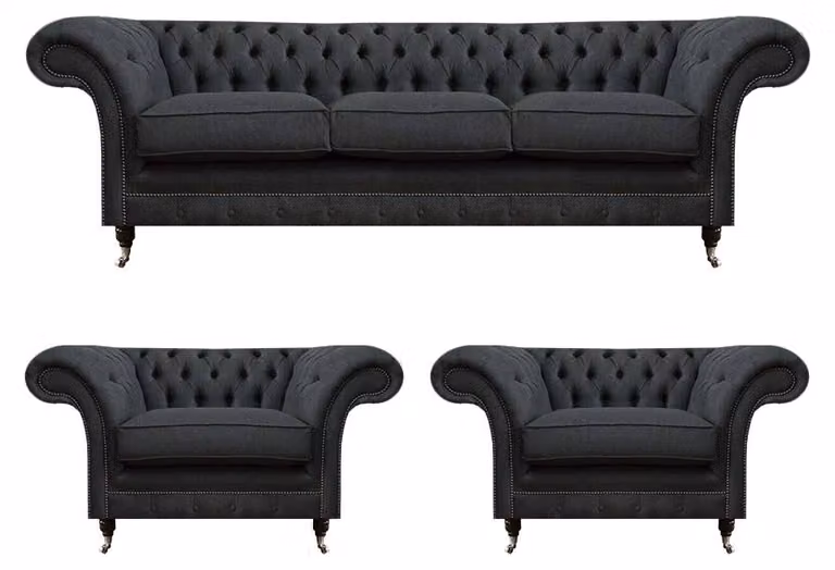 Graue Chesterfield Bettfunktion Sofa Textil 2x Sessel 3tlg Set Garnitur