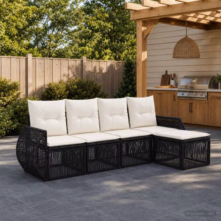 Set Divano da Giardino vidaXL 5 pz a Forma a L con Ottoman, Colore Nero e Bianco Crema, in Polyrattan con Cuscini Inclusi