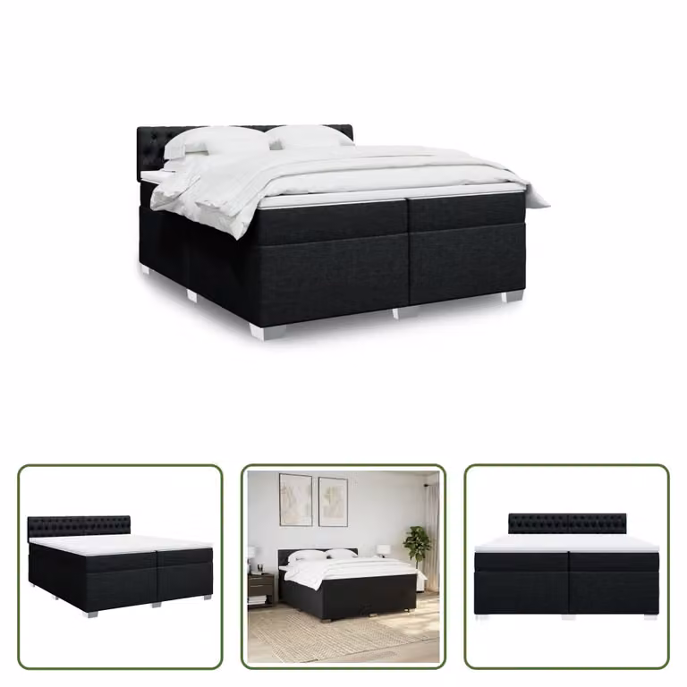 The Living Store Letto a molle con materasso nero 200x200 cm in tessuto
