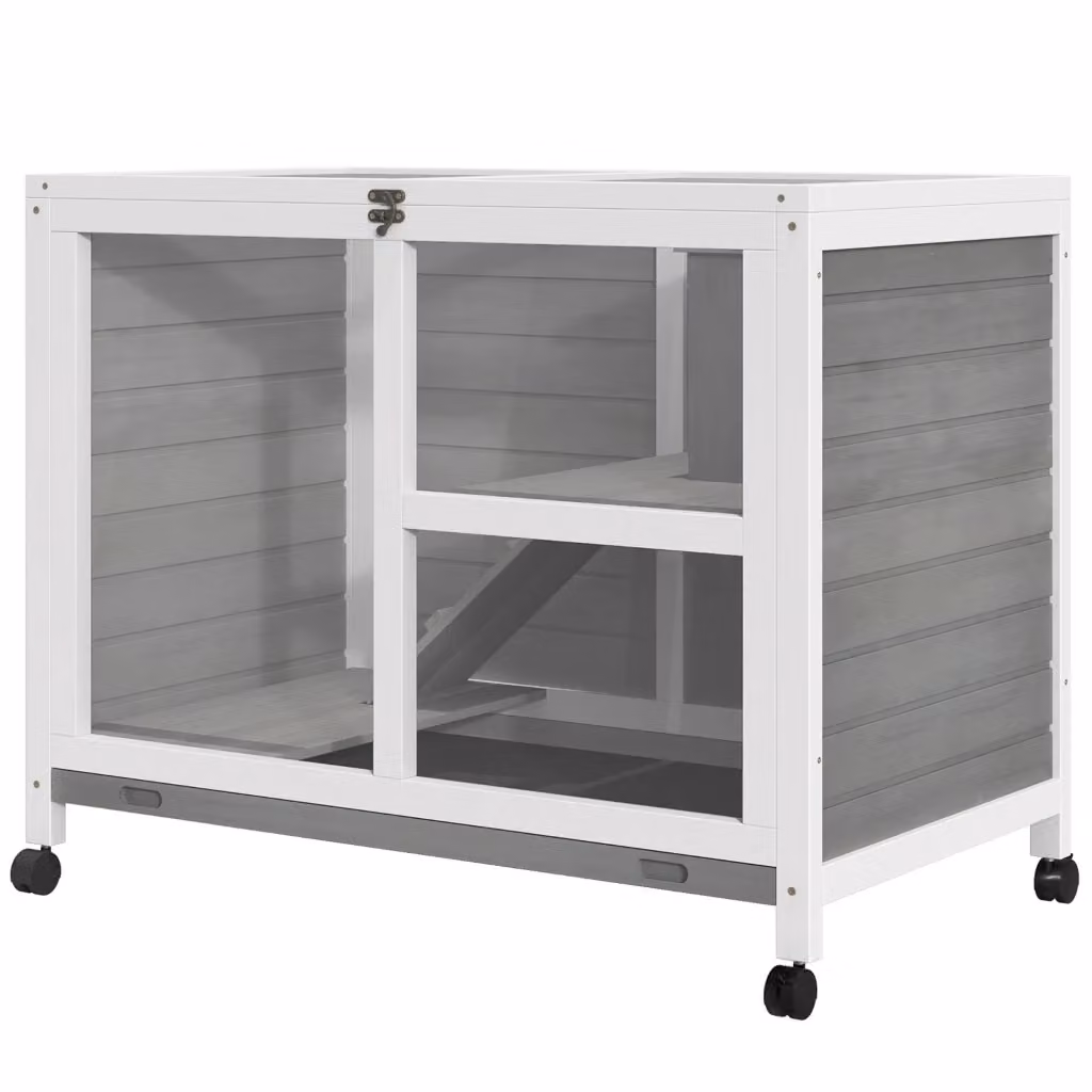 Casetta per conigli Minimal a 2 piani in legno massello di abete con ruote, grigio, L: 91,5 cm, P: 53,3 cm, H: 73 cm – 2