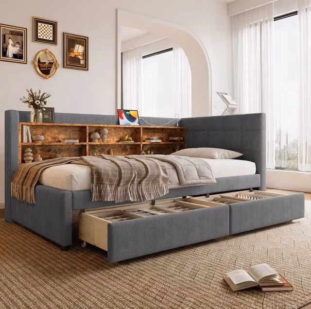 Letto 90x200 cm con 2 cassetti e USB; Type C in lino