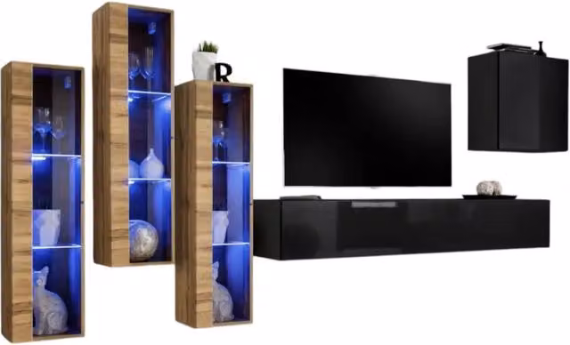 Composizione murale SWITCH XIII - Mobile TV, vetrine LED e cubo - Nero e quercia Wotan - Design moderno