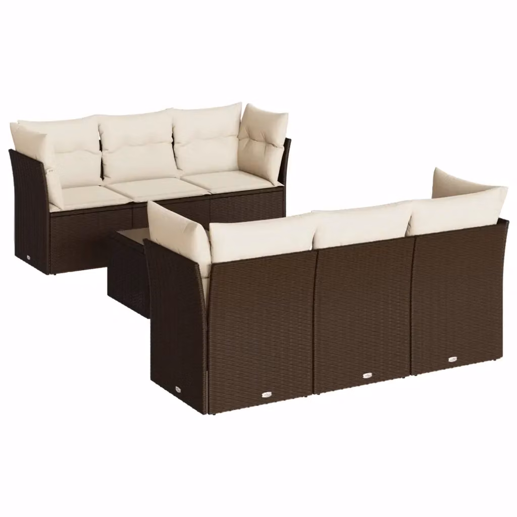 vidaXL Set Divani da Giardino 7 Pezzi a Forma di L con Tavolino in Vetro e Cuscini Marroni e Bianchi in Polyrattan e Acciaio – 2