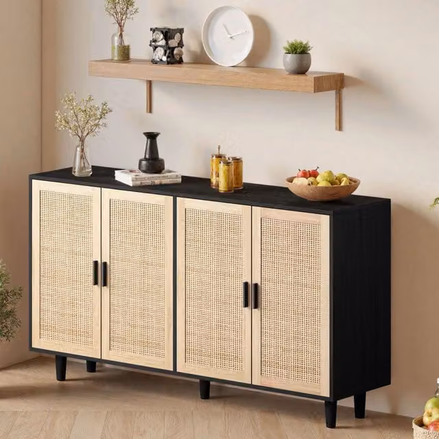 Mobile contenitore moderno nero con 4 ante in rattan e ripiani interni L: 158 cm, P: 40 cm, H: 88 cm