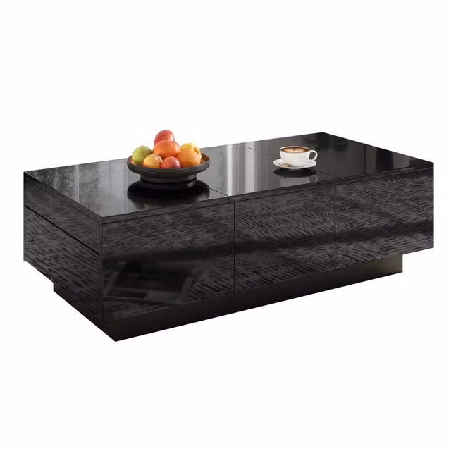 Tavolino da salotto con 2 cassetti e vani scorrevoli, finitura nero lucido, in truciolare, 100 × 31 × 50 cm