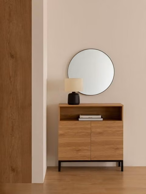 Consolle moderna Kolb Kenay Home in legno e metallo, colore marrone e nero, con ante push-to-open e ripiani interni