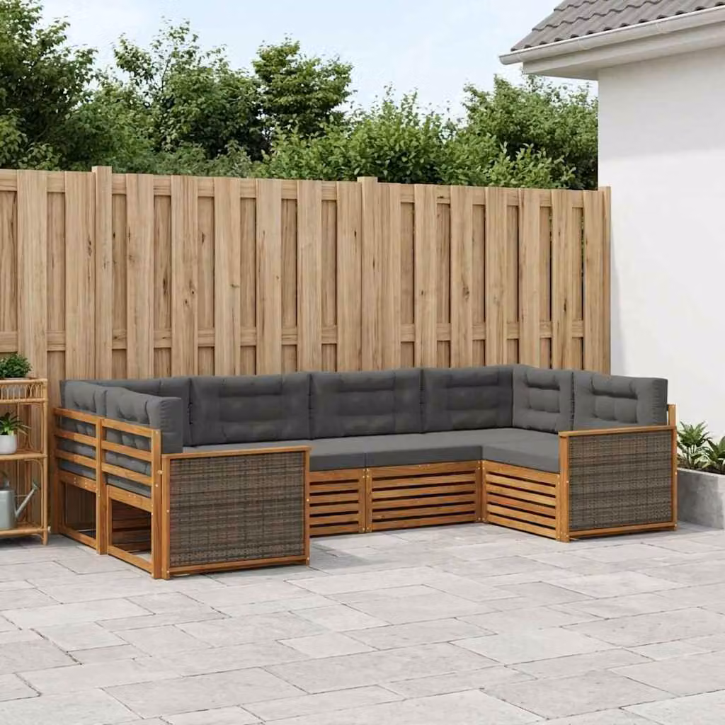 Set di divani da esterno vidaXL a forma di U in legno di acacia con cuscini, 6 pezzi, Beige e Antracite