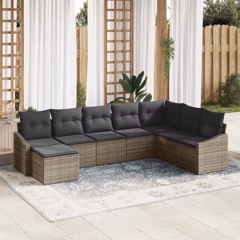 Set Divano da Giardino a L con Polyrattan e Cuscini vidaXL, 8 Pezzi, Grigio