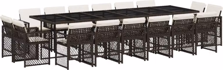 Set da Pranzo da Giardino 17 pz con Cuscini Marrone Polyrattan