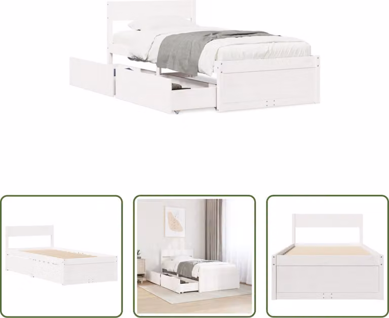 The Living Store Letto in legno massiccio con cassetti bianco 75x190 cm pino