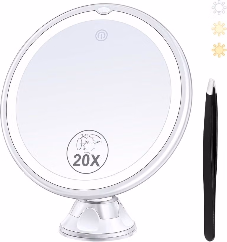 Specchio per il trucco 2025: Specchio ingranditore migliorato con illuminazione, specchio da trucco illuminato con ingrandimento 20x, dotato di ventosa e pinzetta, disponibile in 3 colori