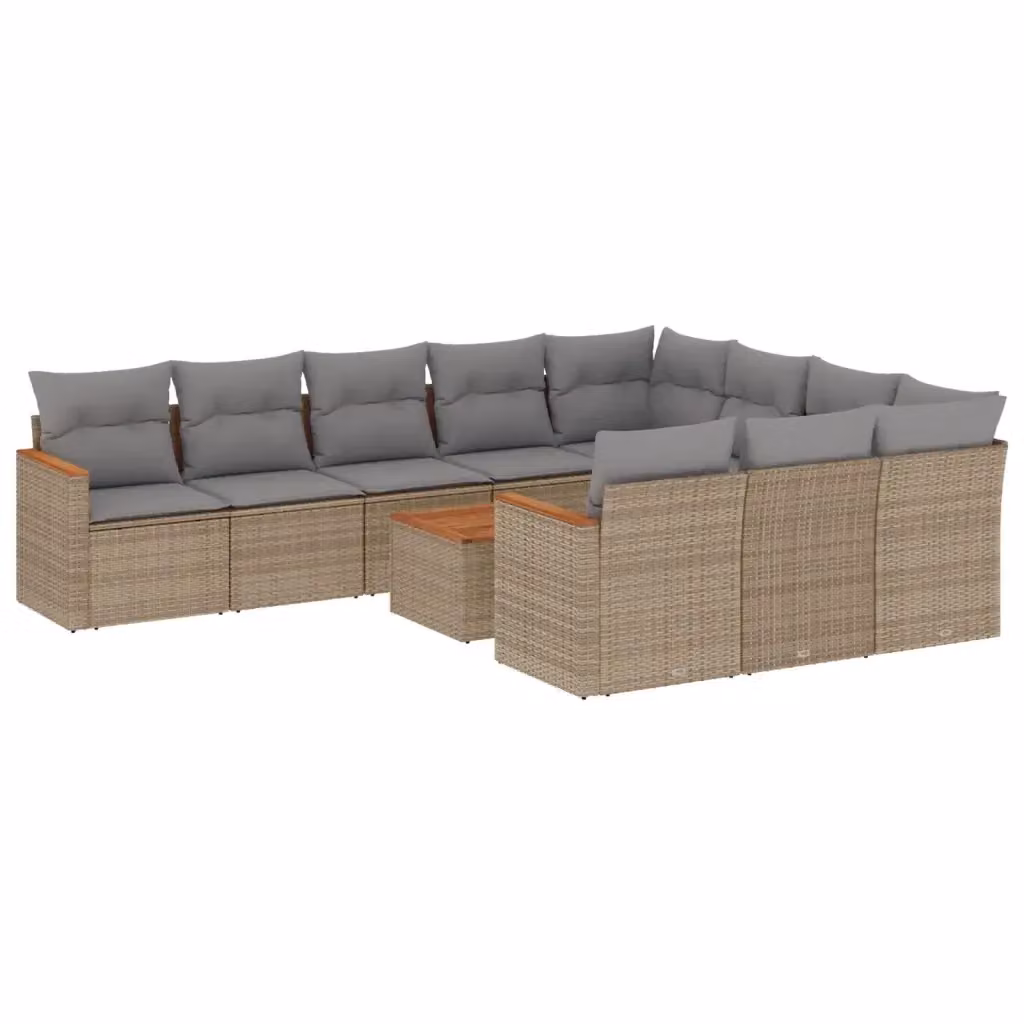 vidaXL Set Divani da Giardino 11 pz a Forma a U in Polyrattan con Cuscini Beige e Tavolino da Esterno – 2