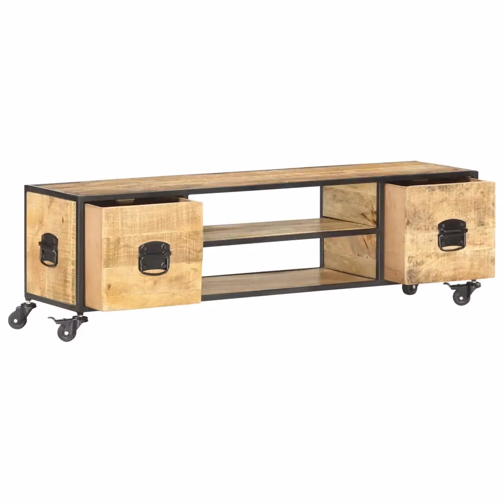 Mobile Porta TV Industrial vidaXL in Legno di Mango e Metallo, Marrone, L 130 x P 30 x H 39 cm – 2