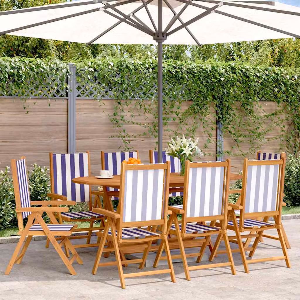 Set di 8 sedie pieghevoli reclinabili vidaXL in legno di acacia e tessuto a righe blu e bianco con cuscini e braccioli – 1