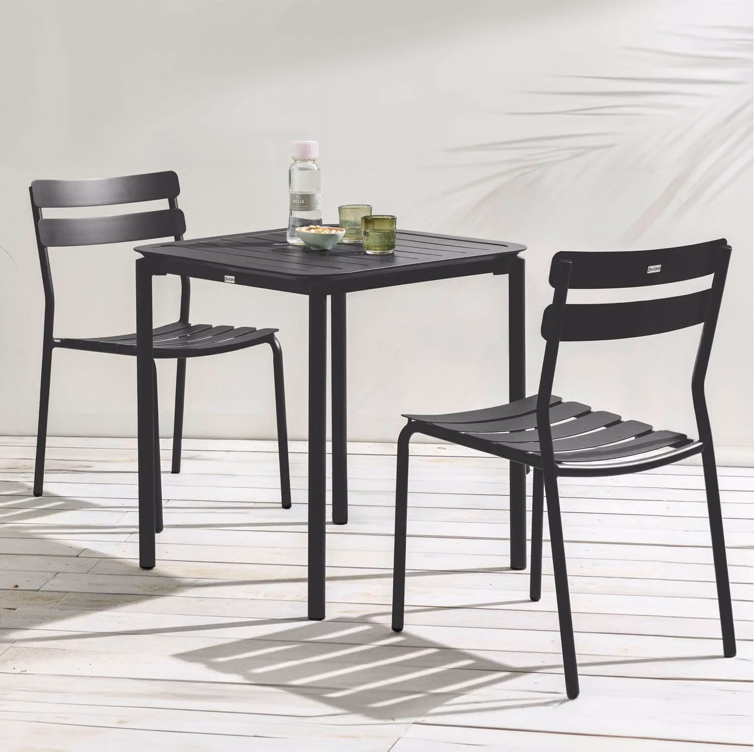 Tavolo da patio quadrato (70 x 70 cm) e 2 sedie nere - Oviala Almada