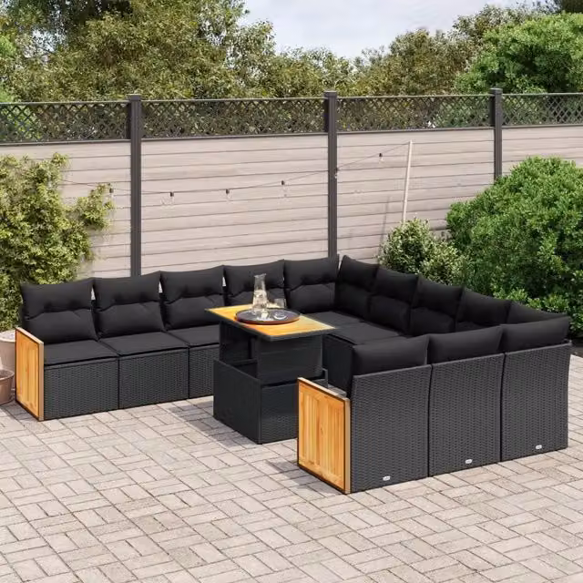 Set di Divani da Giardino VIDAXL in Polyrattan Nero con Cuscini, Design Moderno a Forma di U, 11 Pezzi