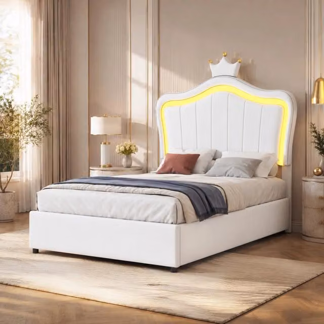 Letto imbottito per bambini 90x200 cm con LED; contenitore idraulico; testiera regolabile; ecopelle bianca