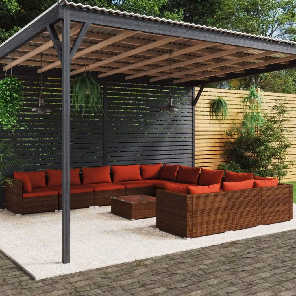 Set Divani da Giardino 12 pz con Cuscini in Polyrattan Marrone