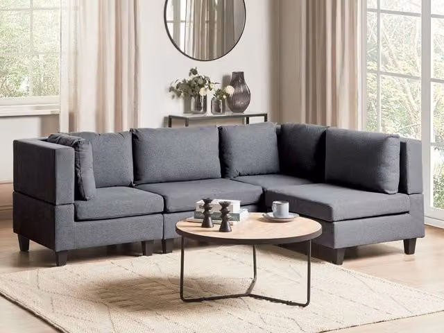 Divano componibile a 4 posti BELIANI in tessuto grigio con ottomana e gambe nere, stile moderno, lato sinistro, L/P/H: 228 x 152 x 80 cm – 1