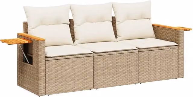 Set Divano da Giardino 3 pz | Set Salotto da Giardino con Cuscini Beige in Polyrattan