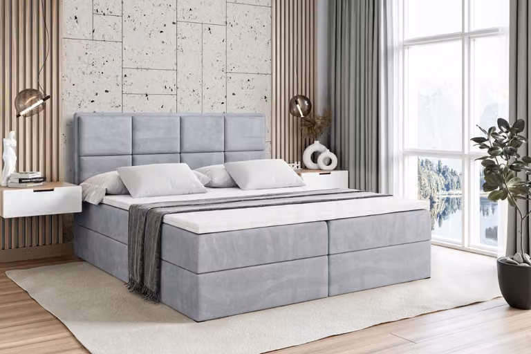 Letto boxspring ALTDECOR con materasso (altezza 20 cm) e topper (altezza 4 cm), letto imbottito con testiera e contenitore - NOVA - 160x200 - H4/Grigio chiaro in velluto