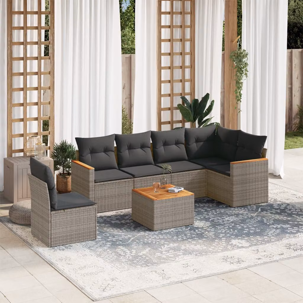 Set di divani da giardino vidaXL 7 pz a forma di L in rattan con cuscini grigi e struttura in acciaio e legno di acacia – 1