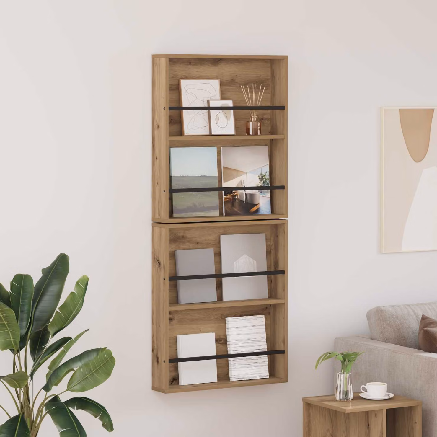 Set di 2 Scaffali per riviste vidaXL in stile moderno, colore marrone, con ripiani regolabili e montaggio a parete, L: 60 cm, P: 12 cm, H: 70 cm
