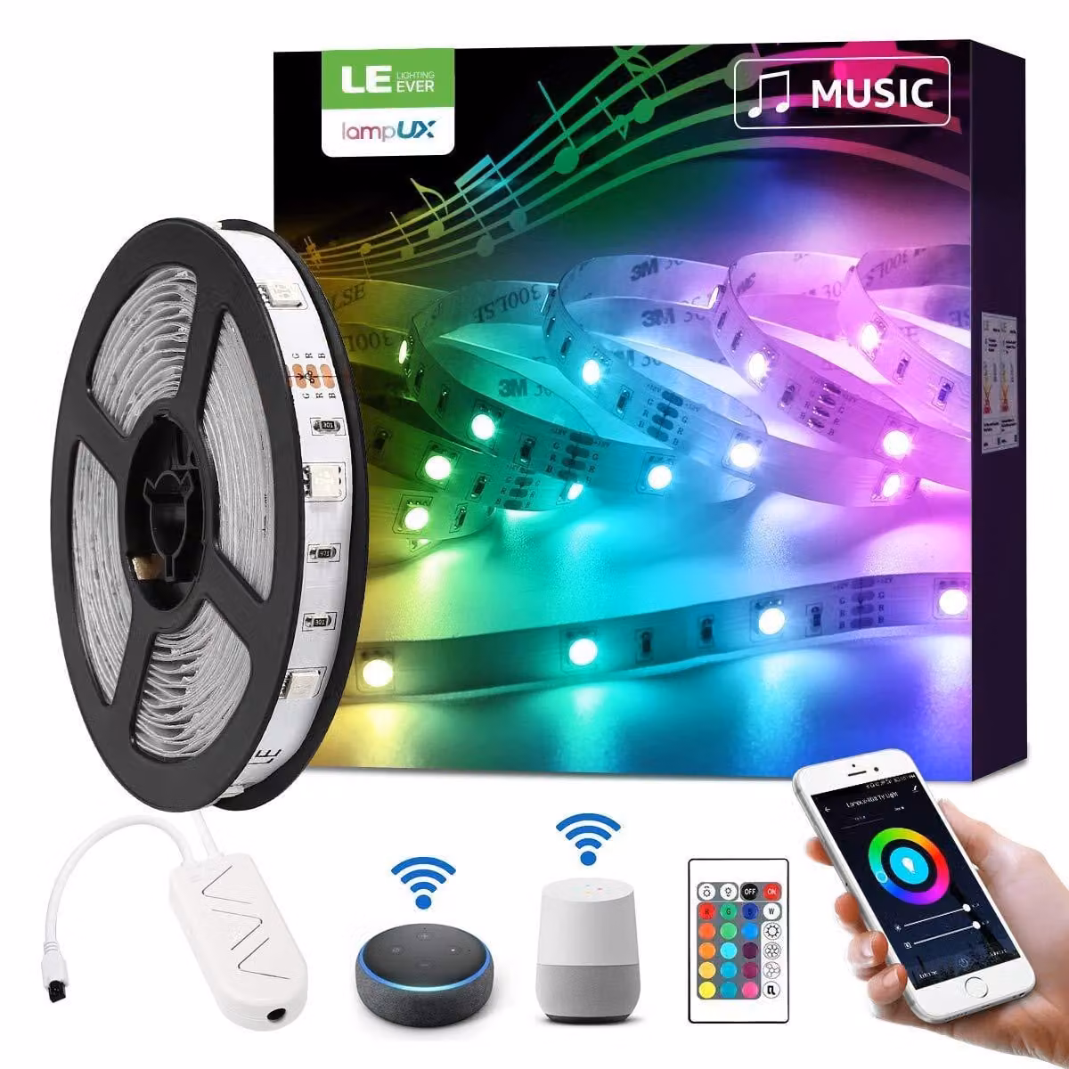 Striscia LED Smart da 5 metri, sincronizzazione musicale, RGB, 150 LED, striscia LED Wi-Fi, banda LED Wi-Fi, striscia luminosa autoadesiva super luminosa, solo 2,4 GHz, con telecomando, compatibile con Alexa, app e Google Home