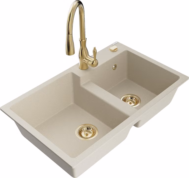 Mexen Tomas lavello in granito a 2 vasche con rubinetto da cucina Savita, beige - 6516-69-672601-50